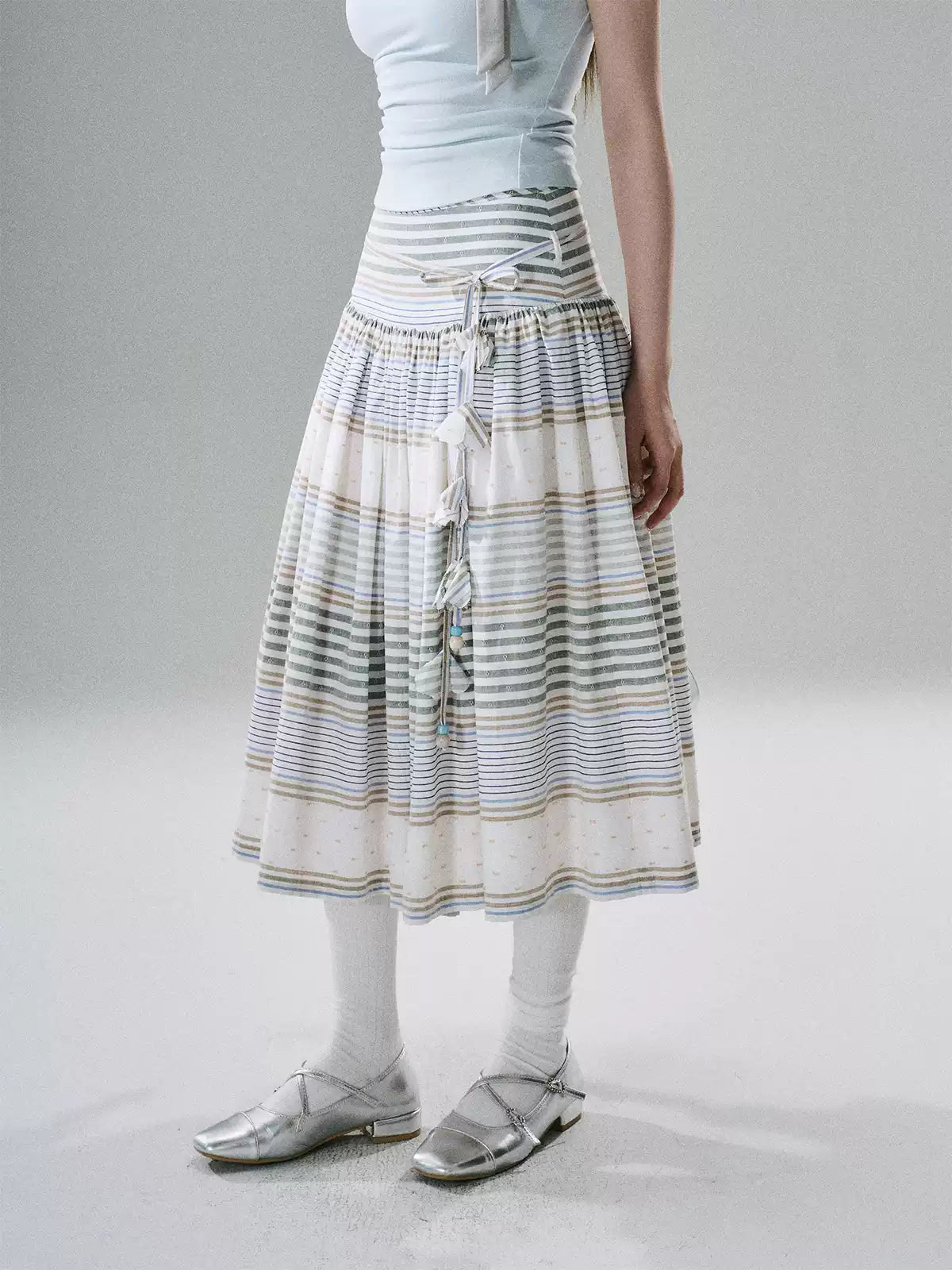 LOST FOREST - Flower Belt Striped Midi Dress (Natural Hemp / Blue Stripe / Orange Stripe)