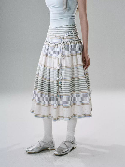 LOST FOREST - Flower Belt Striped Midi Dress (Natural Hemp / Blue Stripe / Orange Stripe)