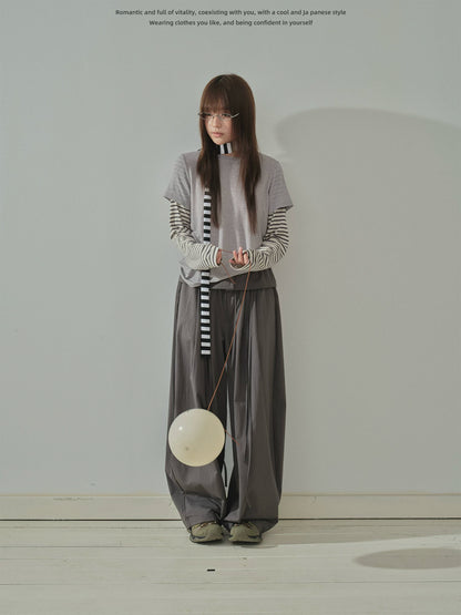 "Lazy Echo" Layered Stripe Long Sleeve Knit T-Shirt (Black Stripe / Gray Stripe)