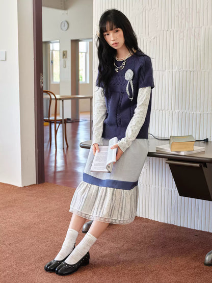 DAILY ARTIST - Navy Cable Knit Short-Sleeve Top