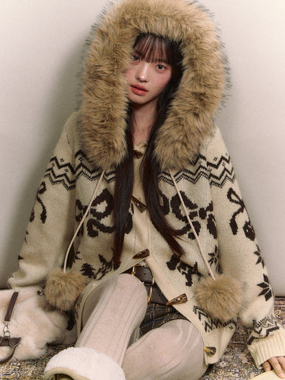 Soote Season - Fair Isle Cream Hooded Toggle Knit Jacket - Light Cream