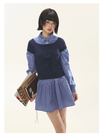 "Holiday Blues" Blue Plaid Bow Shirt Mini Dress