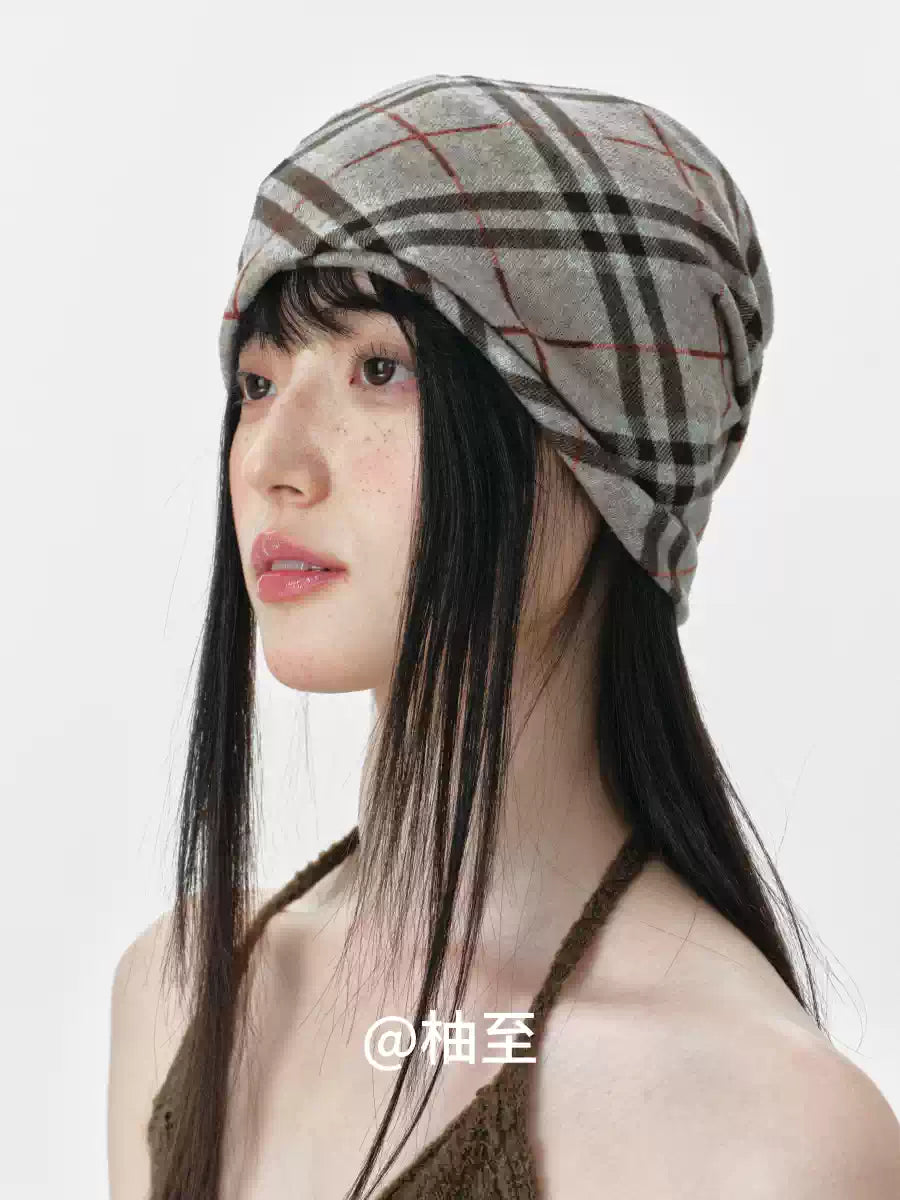 Vintage Plaid Hooded Scarf Hat – 2-in-1 Slouchy Ear-Warmer Cap