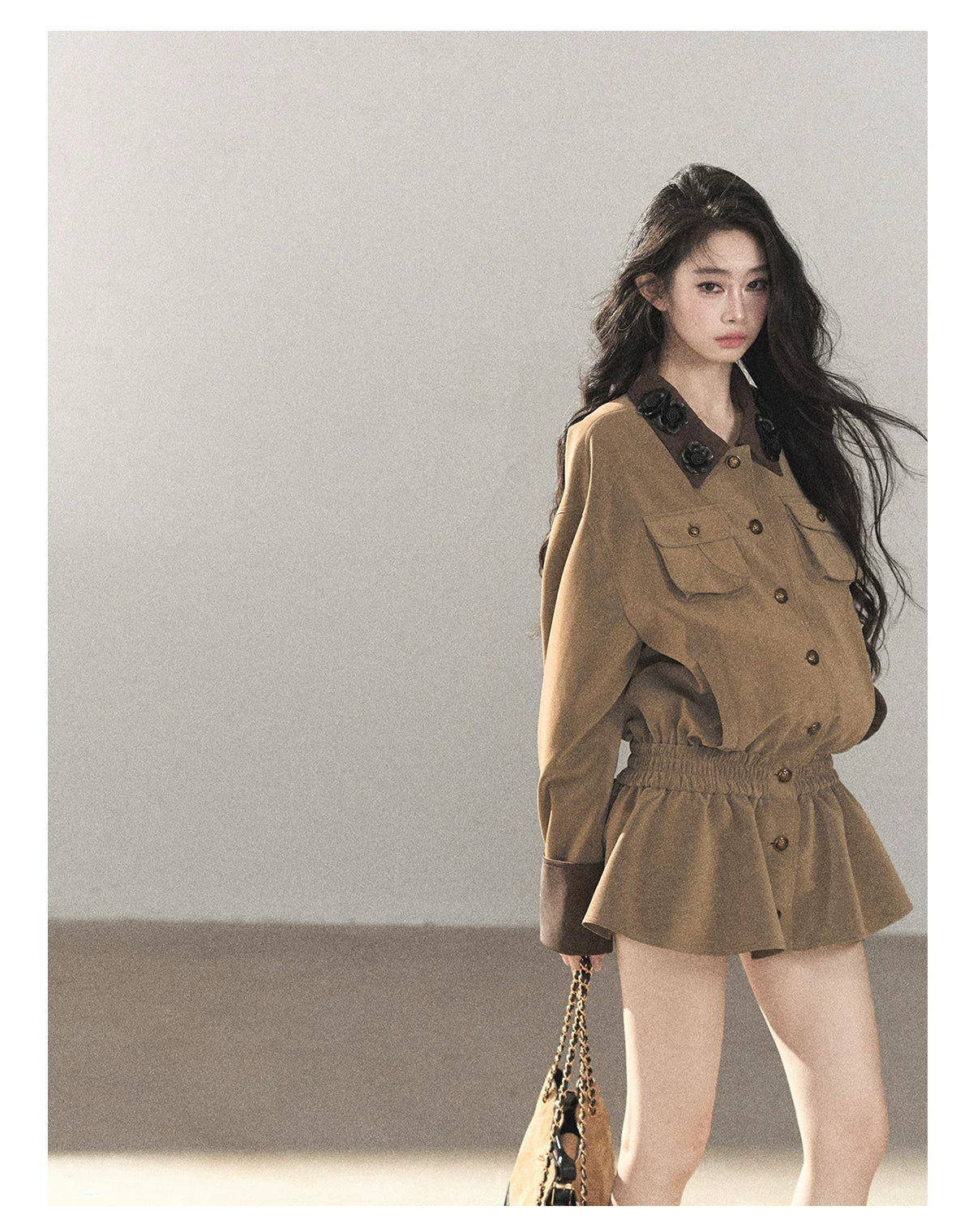 AOMALM - Gray-Brown PU Jacket and High-Waisted Shorts Set