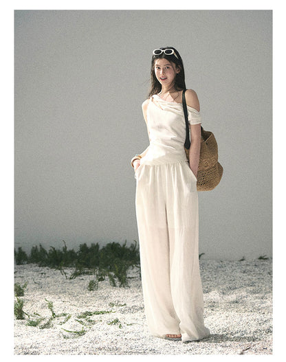 “Cloud Threads Falling at the Shoulder” Ivory Linen-Blend Two-Piece Set