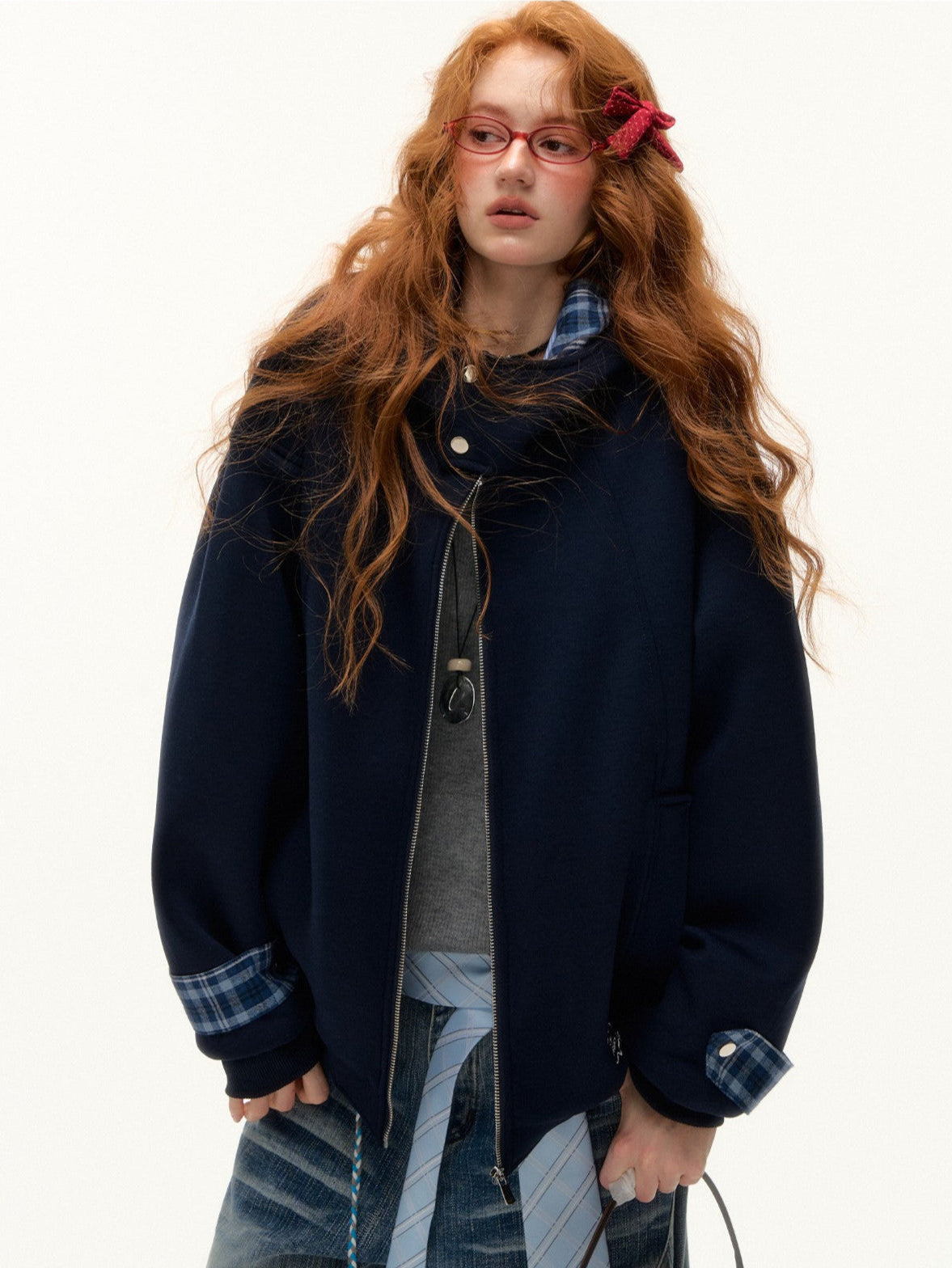 ASGONY - Plaid-Lined Oversized Hoodie Jacket (Navy)