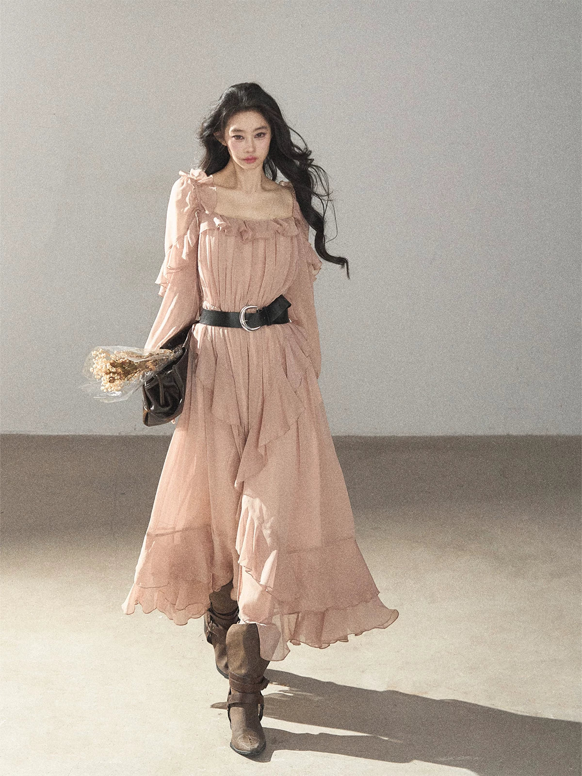 AOMALM - "Waiting for Sunset" Soft Pink French Ruffle Maxi Dress with Belt