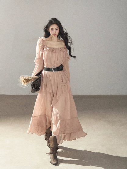 AOMALM - "Waiting for Sunset" Soft Pink French Ruffle Maxi Dress with Belt