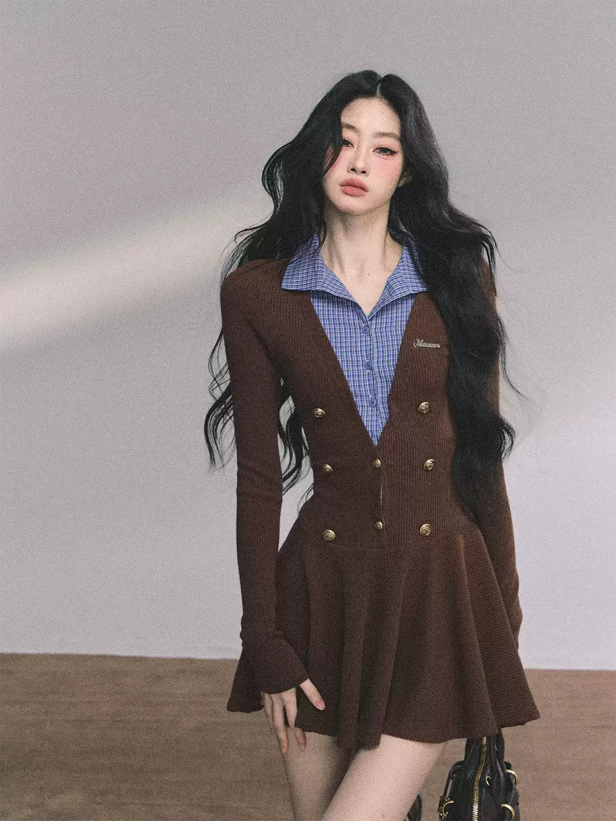 少也眼 Long Sleeve Faux Two-Piece Knit Dress