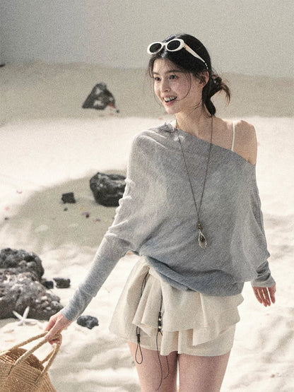 "Misty Veil Whisper" Cloud Trail Gray Off-Shoulder Sheer Sun Protection Top 5345634