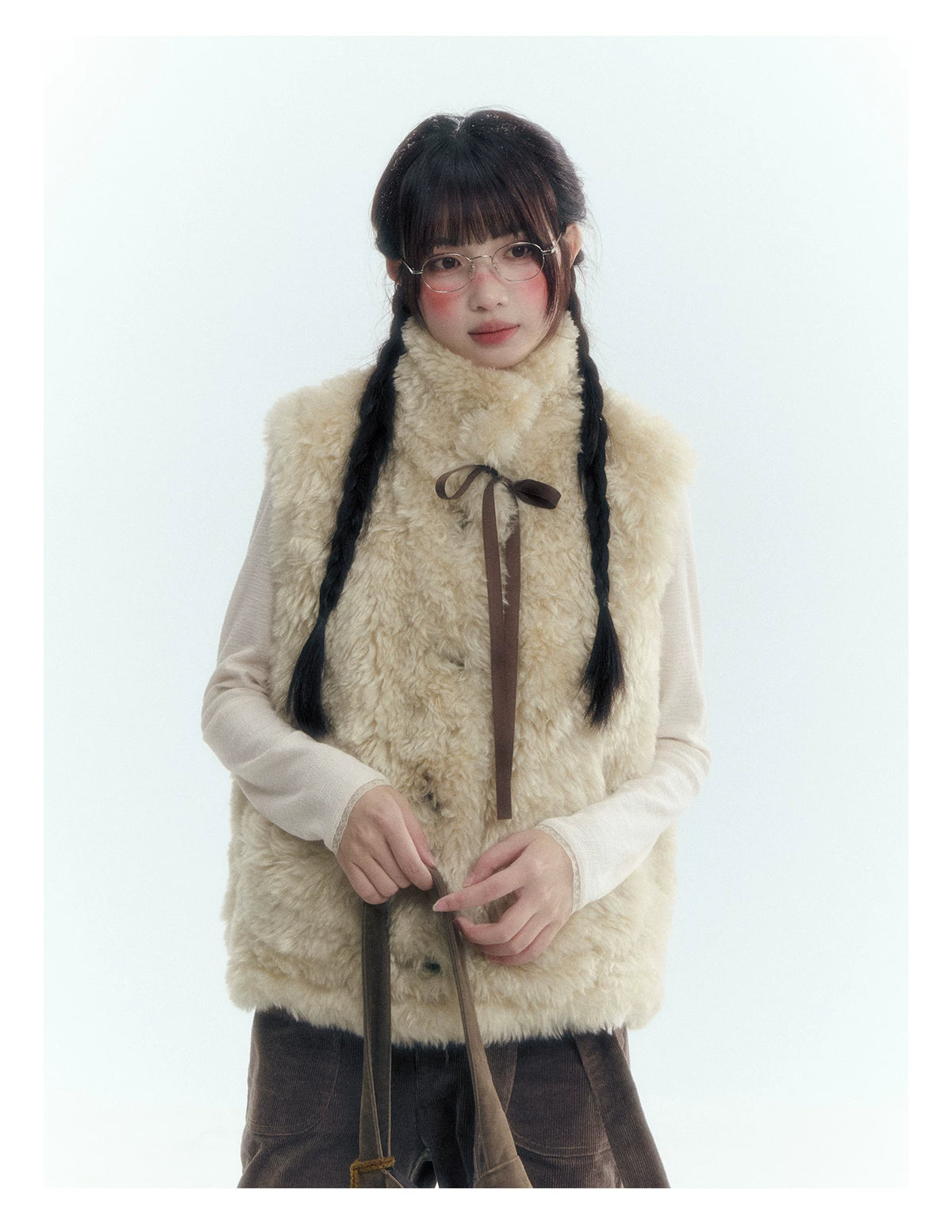 Floral Bow Lace-Tie Knit Top (Gray Floral / Light Khaki Beige)