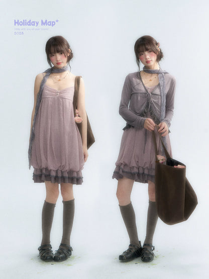 "Misty Lavender Reverie" Vintage Floral Lace Trim Midi Slip Dress