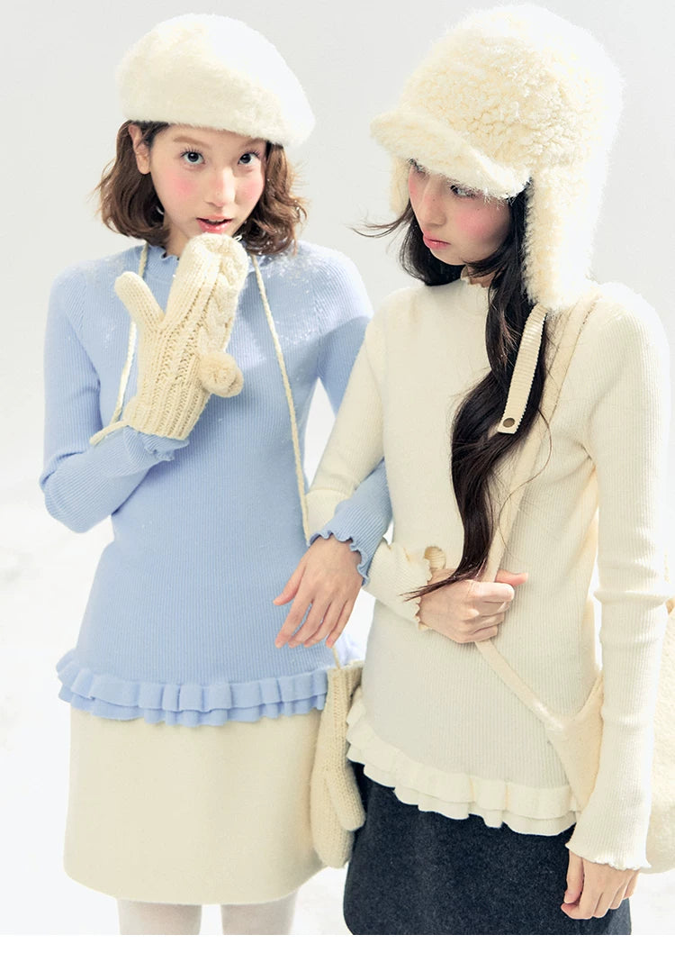 "Morning Mist" A-Line Wool-Blend Mini Skirt (Mist Gray/ Cream Beige)