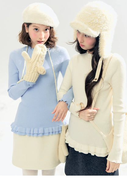 "Morning Mist" A-Line Wool-Blend Mini Skirt (Mist Gray/ Cream Beige)