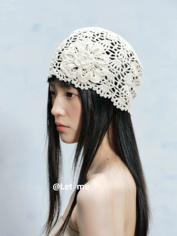 Floral Crochet Beanie – Openwork Lace Knit Hat