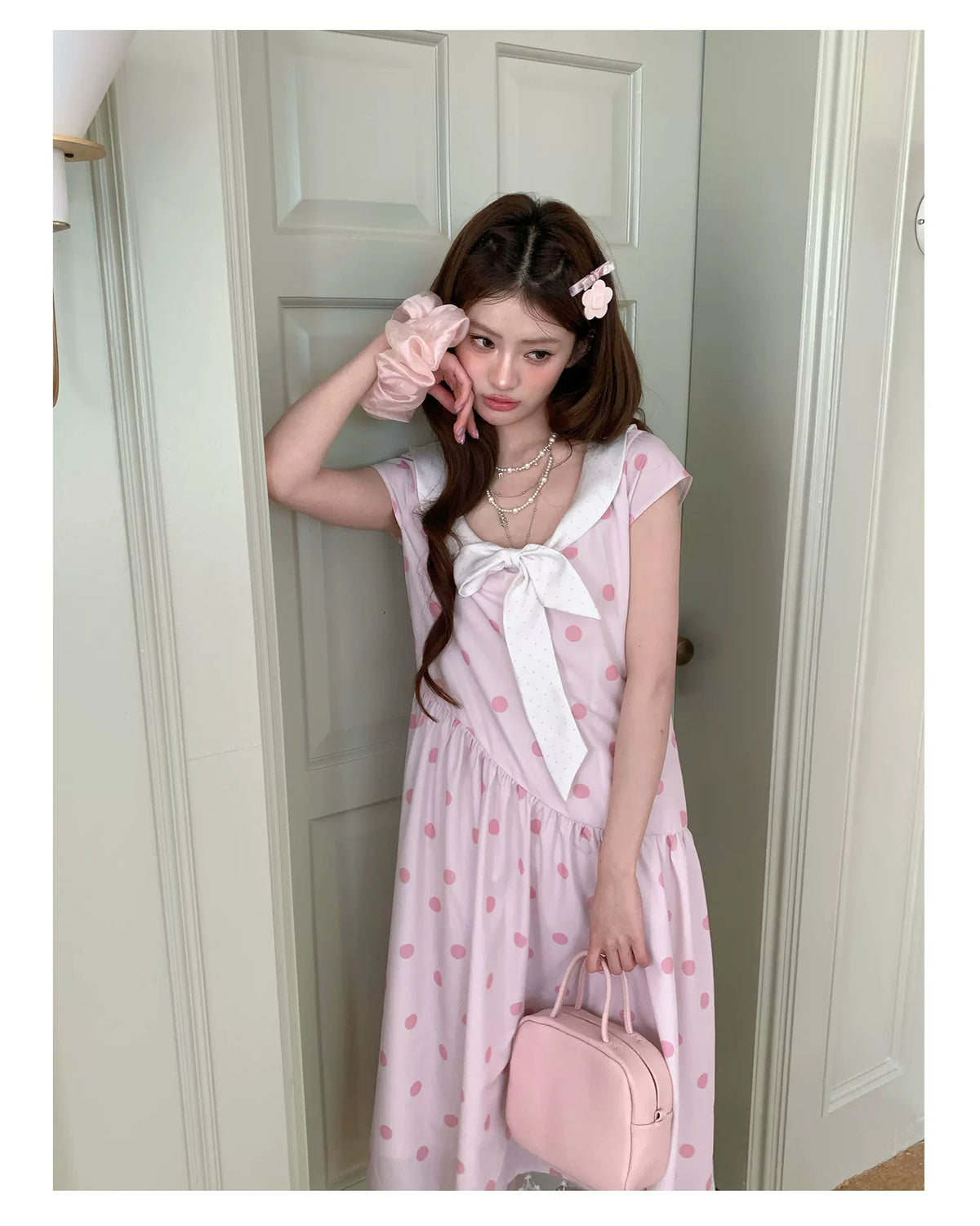 [RF] “Polka Dot Pudding” Soft Mist Pink Bow Lace-Trimmed Dress