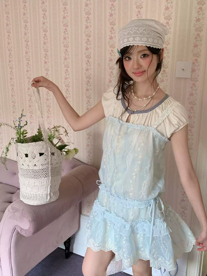 “Summer Dreamloom” Blue Lace Tiered Dress Set (Inner Top + Slip Dress)