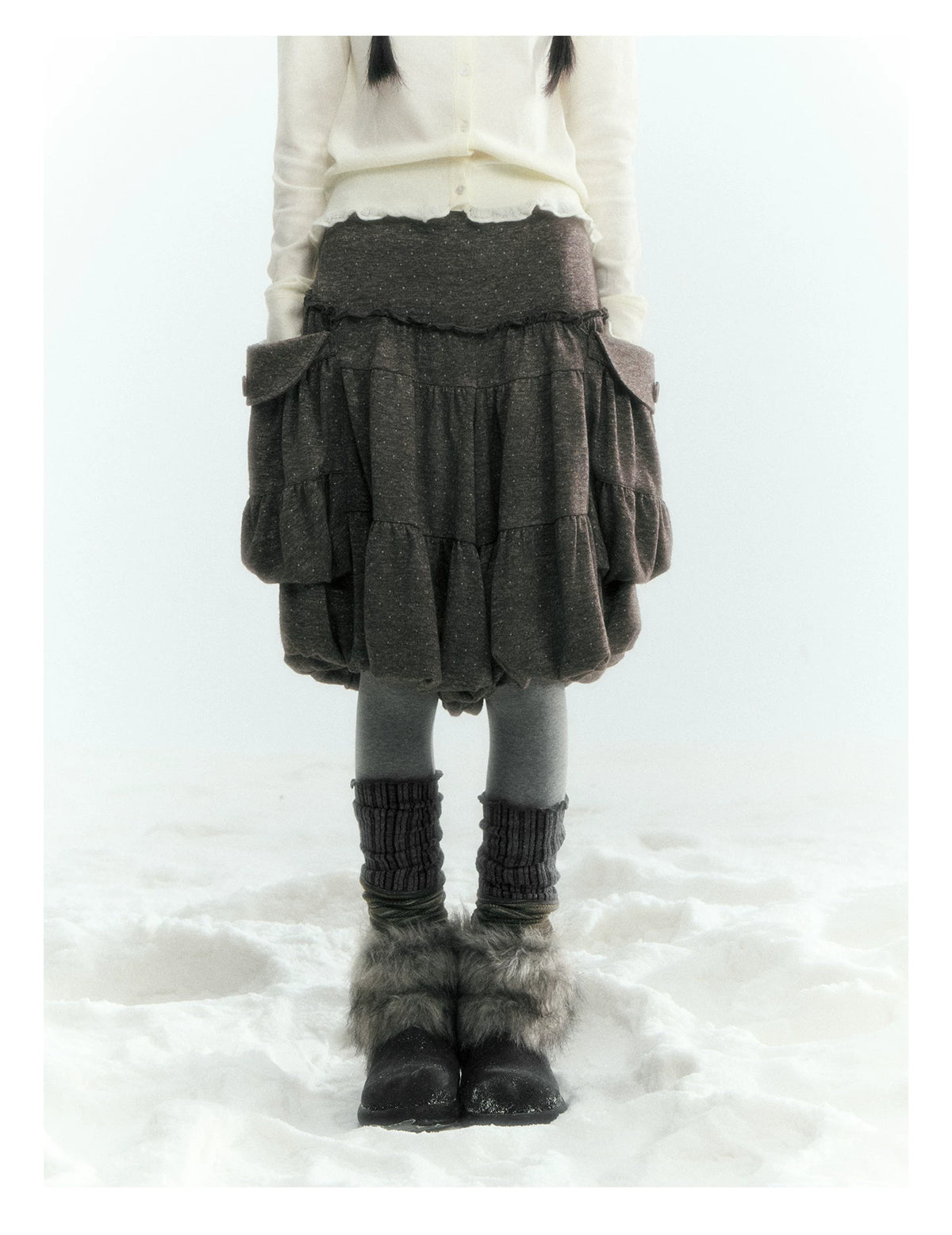 Horridale - Gray Brown Green Polka Dot Low-Rise Knit Bubble Skort