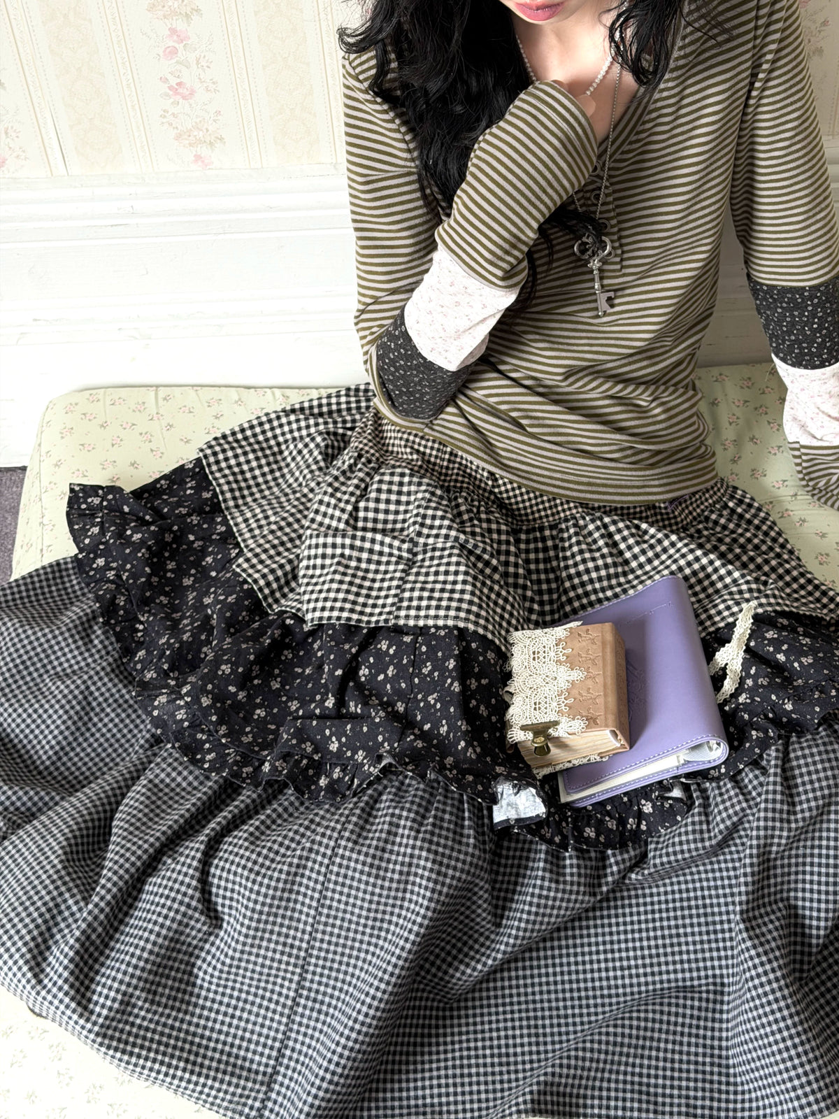 KYOUKO - Floral Henley Top, Plaid Tiered Skirt & Mint Sheer Overlay Set