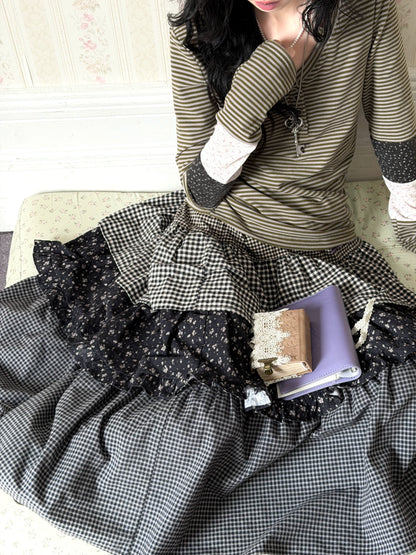 KYOUKO - Floral Henley Top, Plaid Tiered Skirt & Mint Sheer Overlay Set