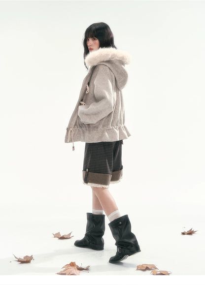 CAN - "Frosted Cloud Reverie" Beige Gray Detachable Faux-Fur Collar Wool-Blend Jacket