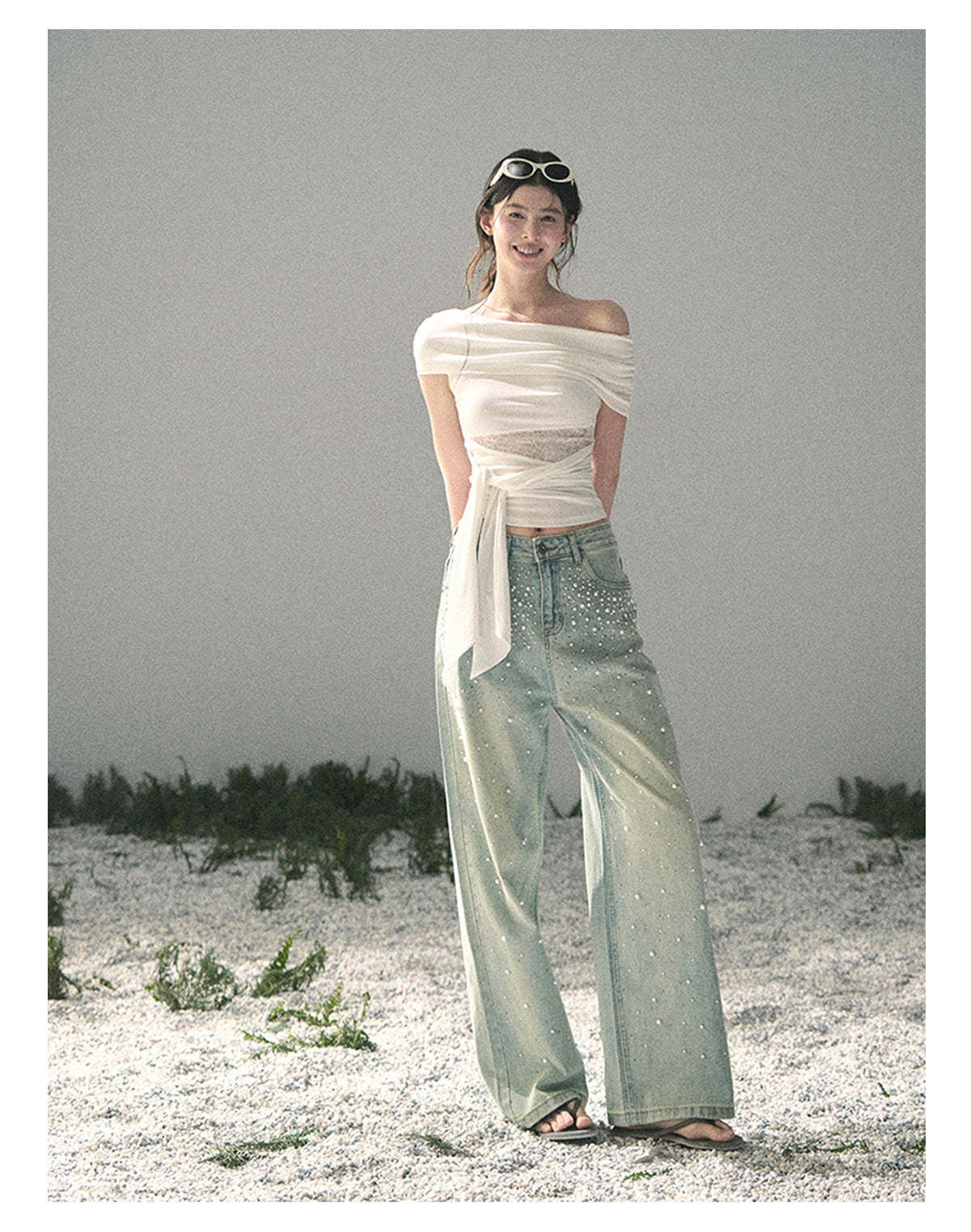 “Blue Shimmer Notes” Vintage Blue Embellished Wide-Leg Jeans