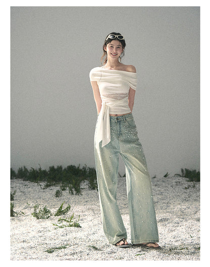 “Blue Shimmer Notes” Vintage Blue Embellished Wide-Leg Jeans