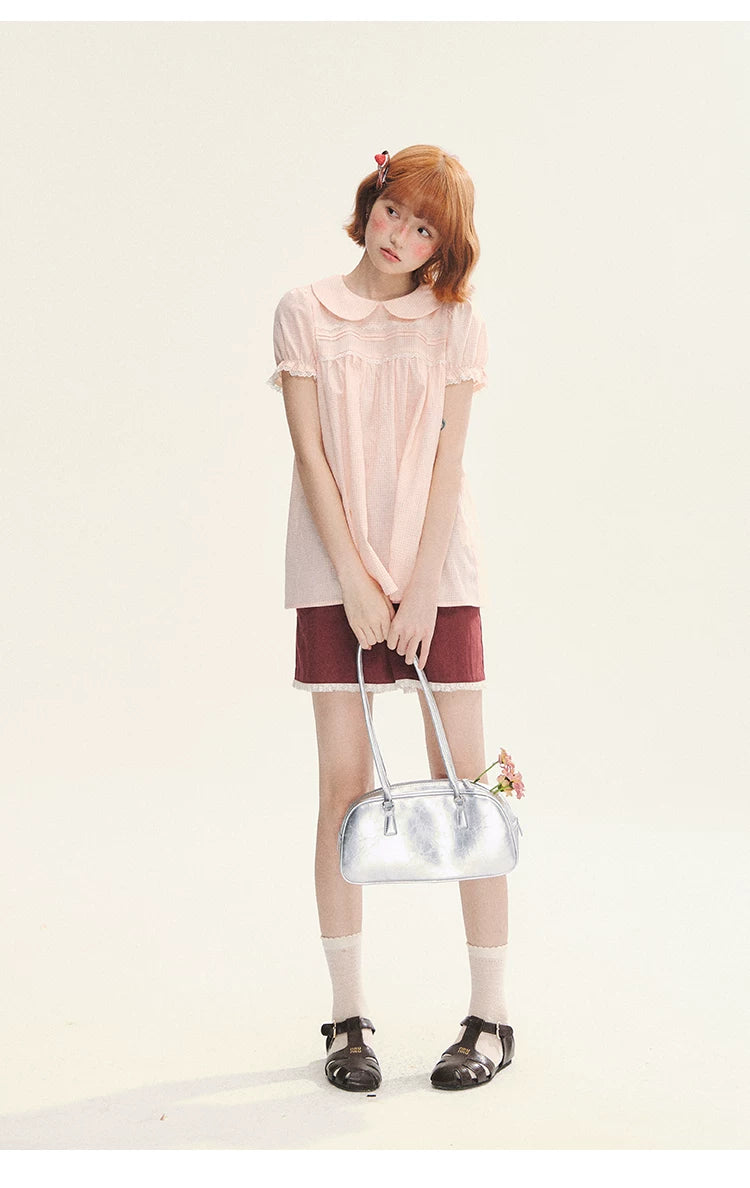 "Sweet Silhouette" Plaid Lace Trim Puff Sleeve Peter Pan Collar Blouse (Red Blue / Red White)