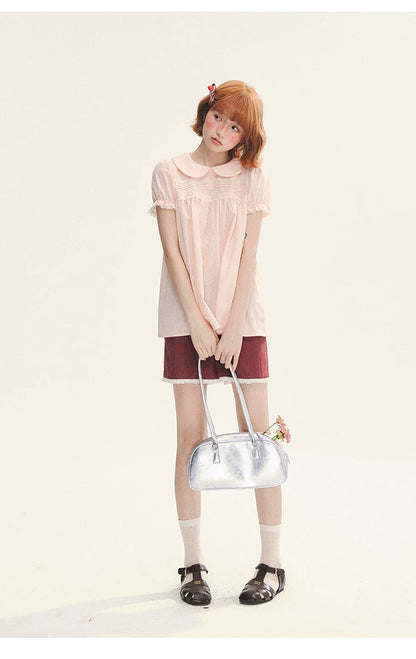 "Sweet Silhouette" Plaid Lace Trim Puff Sleeve Peter Pan Collar Blouse (Red Blue / Red White)