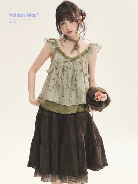 "Enchanted Forest" Moss Green Floral Lace Ruffle Cami Top