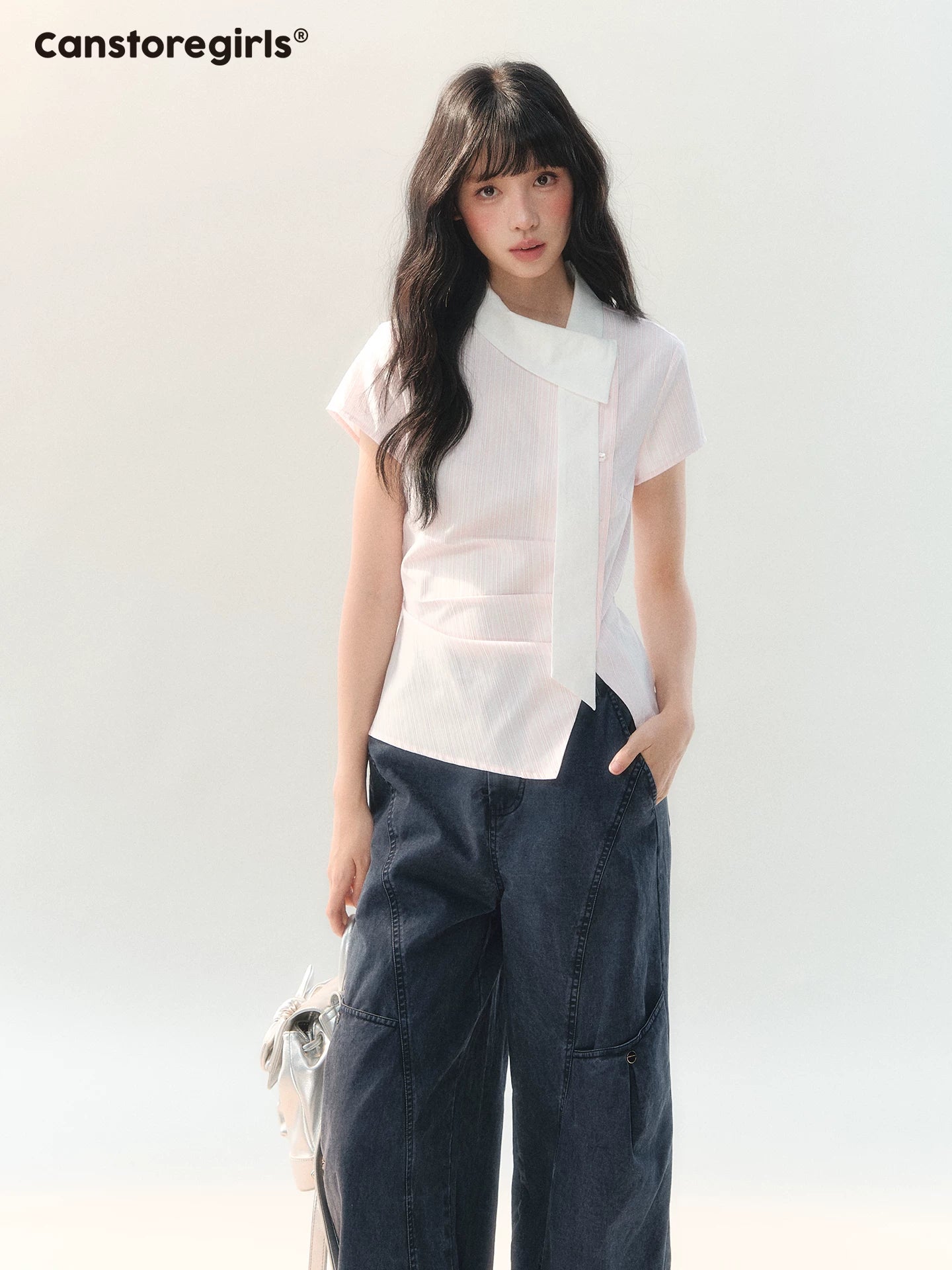 170726C "Girl's Getaway" Pink Stripe Ribbon Collar Blouse