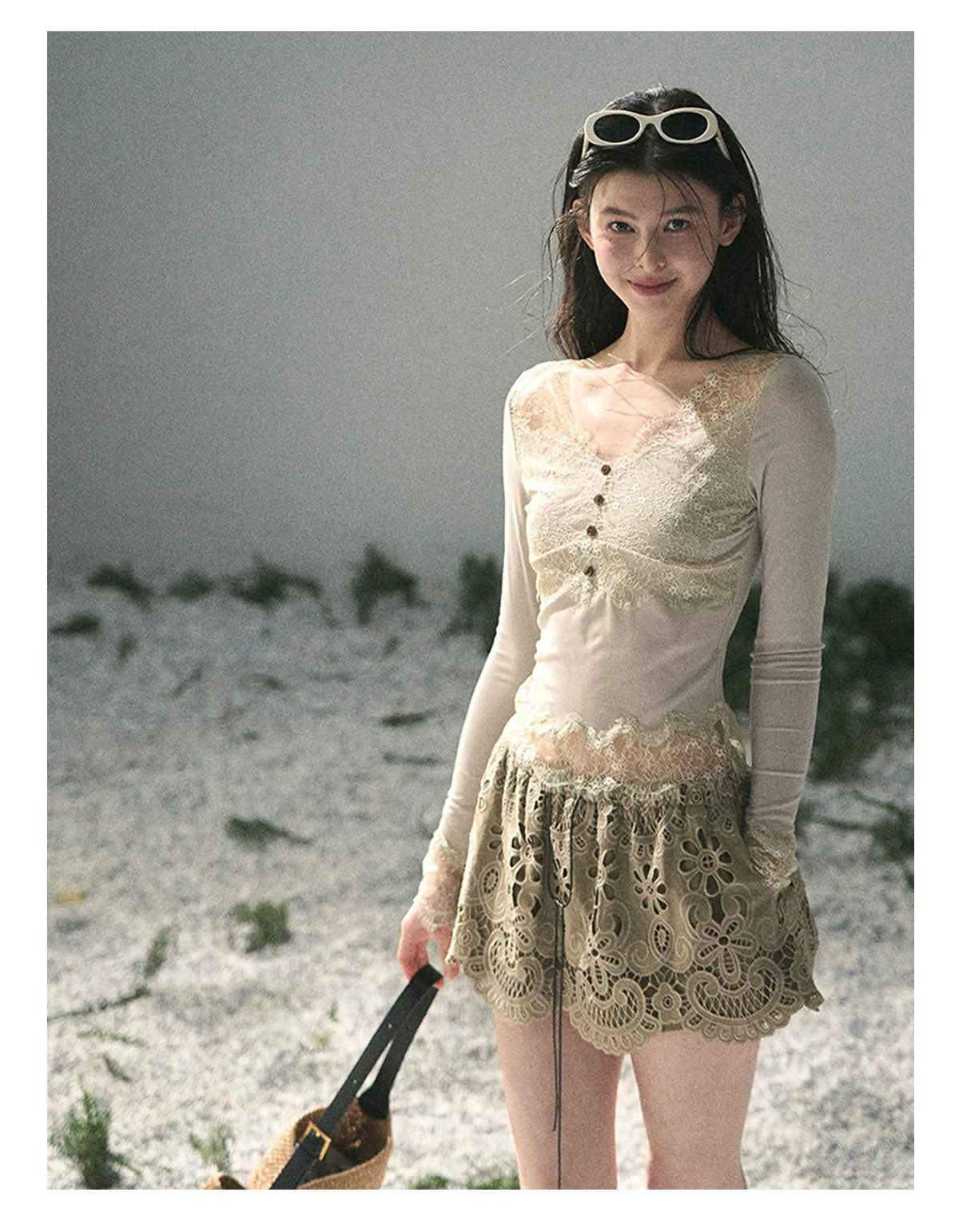 “Traces Left by the Wind” Ash Ivory Lace V-Neck Top