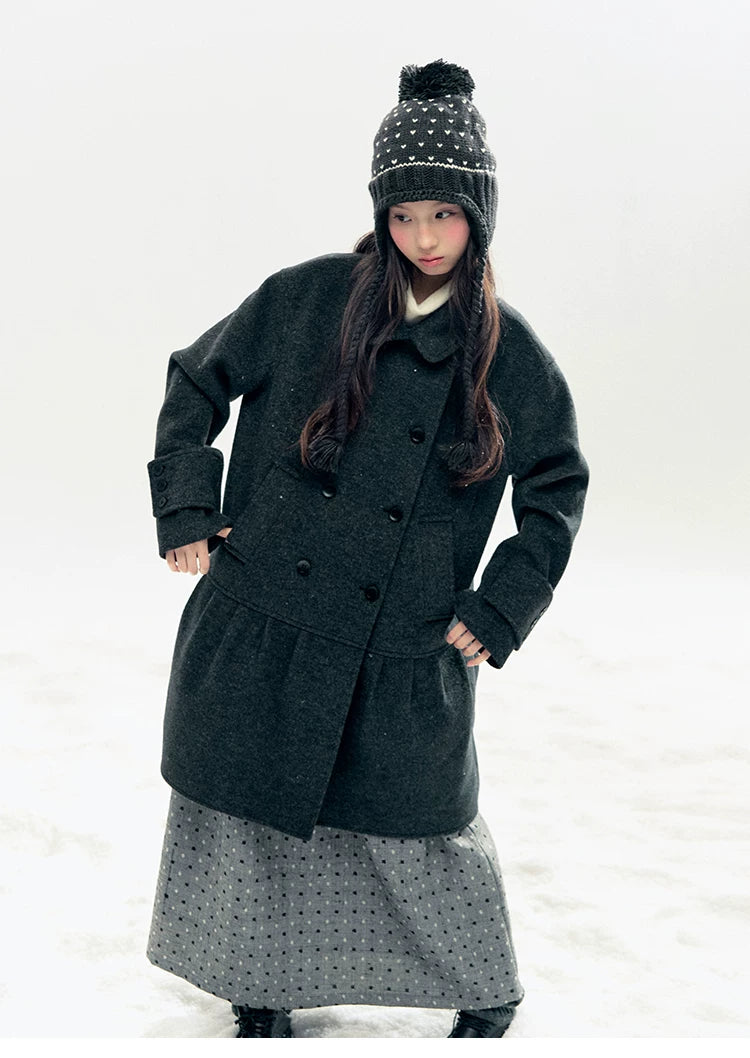 "Snowfall Polka" Charcoal Polka Dot Wool-Blend Midi Skirt