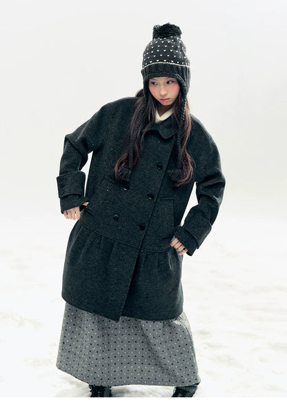 "Snowfall Polka" Charcoal Polka Dot Wool-Blend Midi Skirt