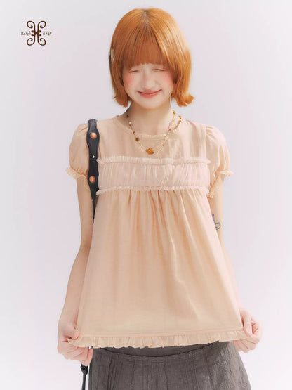 “Orange Soda” Seashell Orange Mesh Panel Puff Sleeve Top