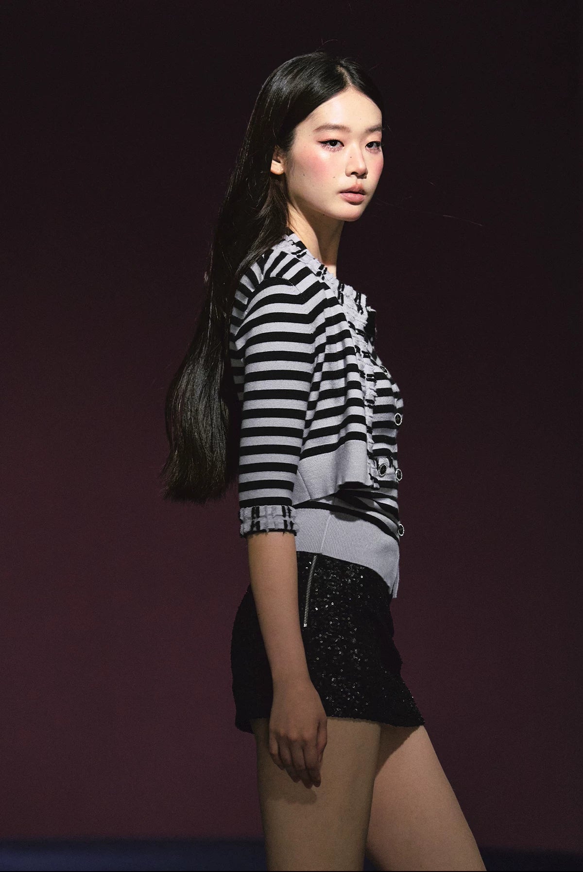 "City Contrast" Black & White Stripe Knit Cami & Cardigan Set
