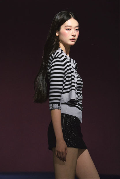 "City Contrast" Black & White Stripe Knit Cami & Cardigan Set