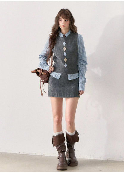 [TMMG] British Collegiate Gray Diamond Knit 3-Piece Set