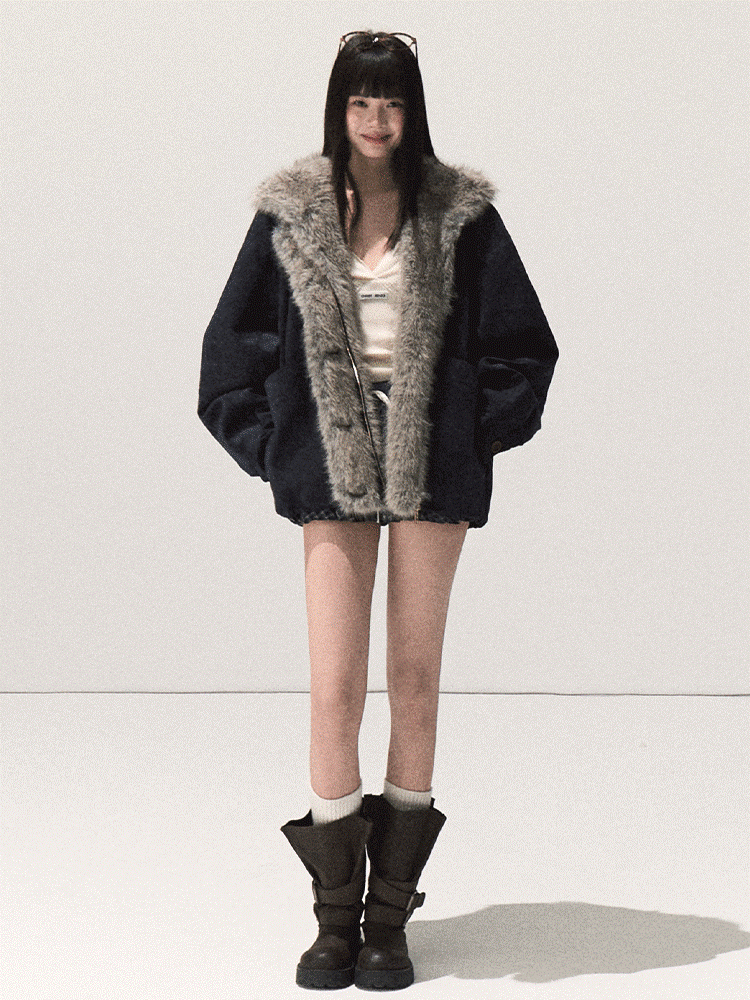 OAKMOO/ Agate Blue Faux Suede Hooded Jacket with Ombre Faux Fur