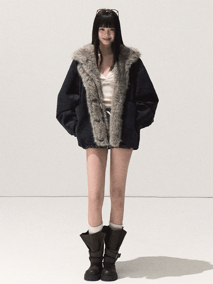 OAKMOO/ Agate Blue Faux Suede Hooded Jacket with Ombre Faux Fur