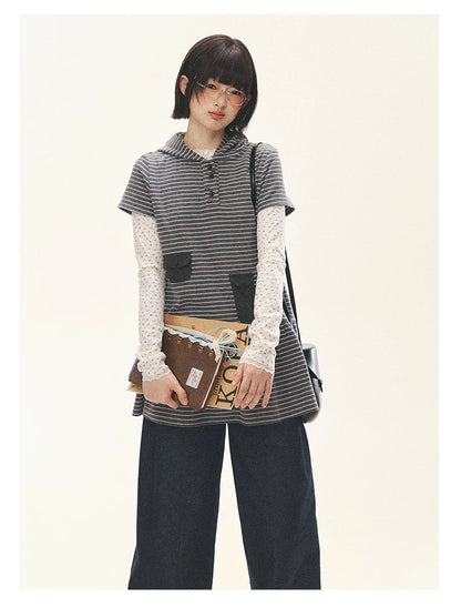 "Seoul Diary" Gray & Pink Stripe Hooded Knit Mini Dress
