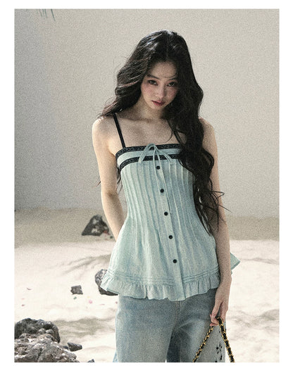 "Sea Breeze Reverie" Misty Sage Lace Off-Shoulder Ruched Top 54352131