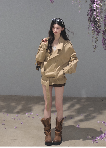 OAKMOO/ Belted Double-Breasted Trench Jacket (Deep Black / Hazel Khaki)