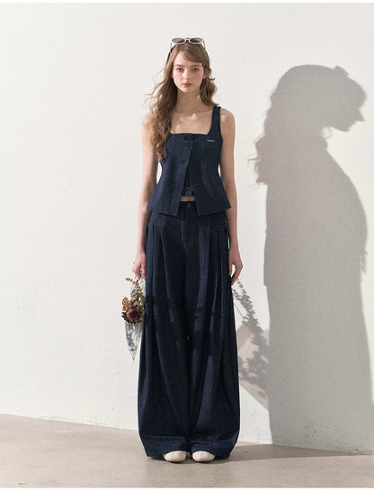 "Season of Ease" Vintage Navy Faux Denim Vest & Wide-Leg Pants Set