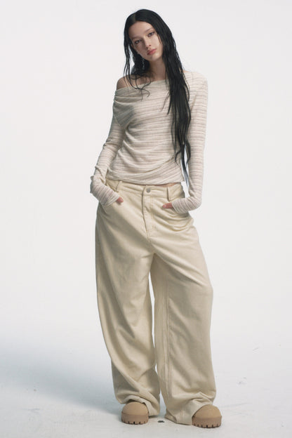Muirgen - Ivory Silver-Thread Asymmetrical Off-Shoulder Fitted Top