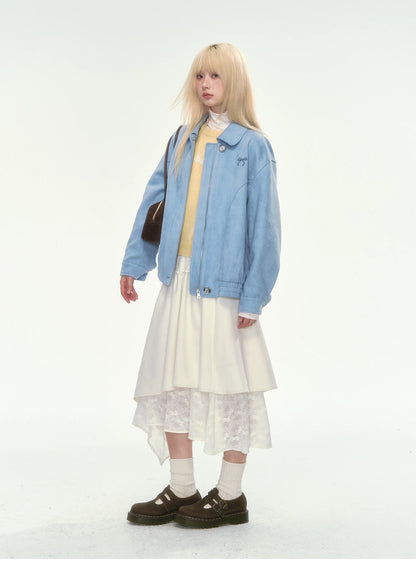 [CAN] Dusty Blue Suede Bow Embroidery Jacket