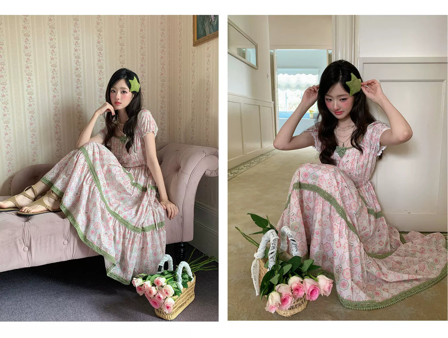 “Wildflower Green Grape” Pink Floral Tiered Dress