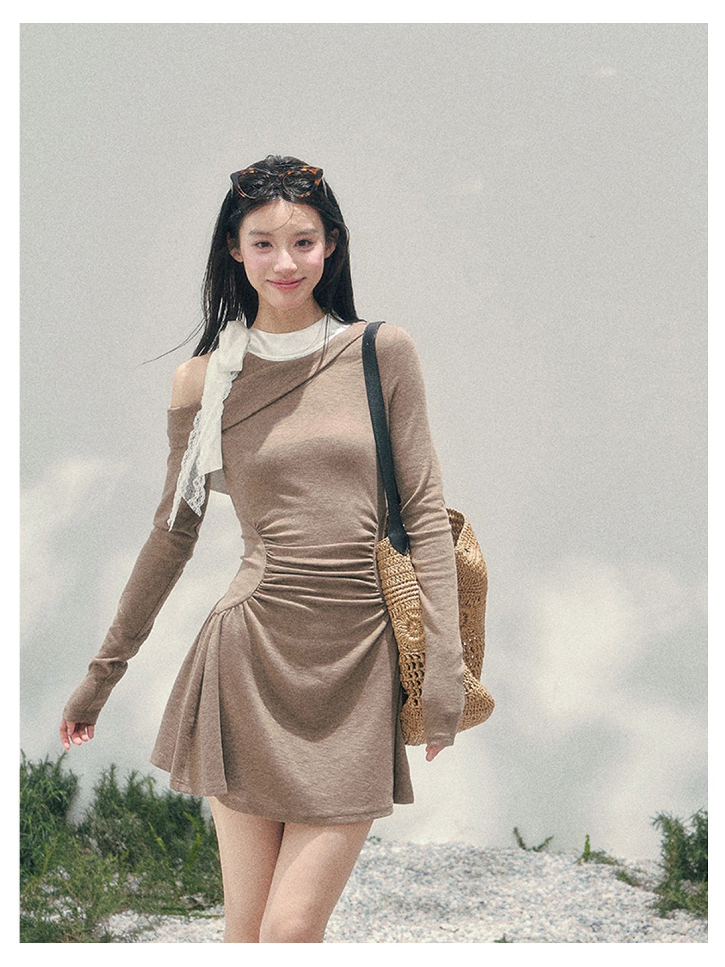 少也眼 “Lingering Warmth Entwined” Layered French Lace One-Shoulder Mini Dress - Milk Tea Beige 5435553