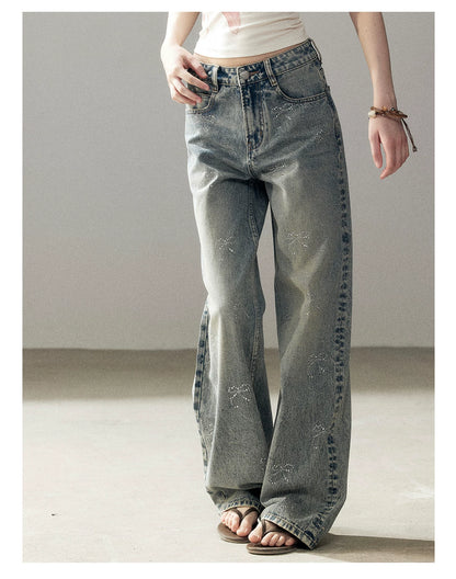 "Passing By the Sea" Vintage Blue Rhinestone Bow Wide-Leg Jeans