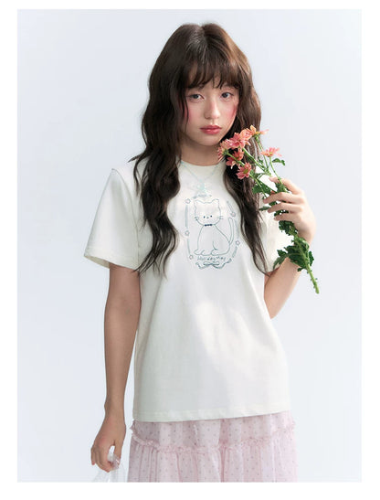 "Garden Kitty" Ivory Embroidered Cat Cotton T-Shirt